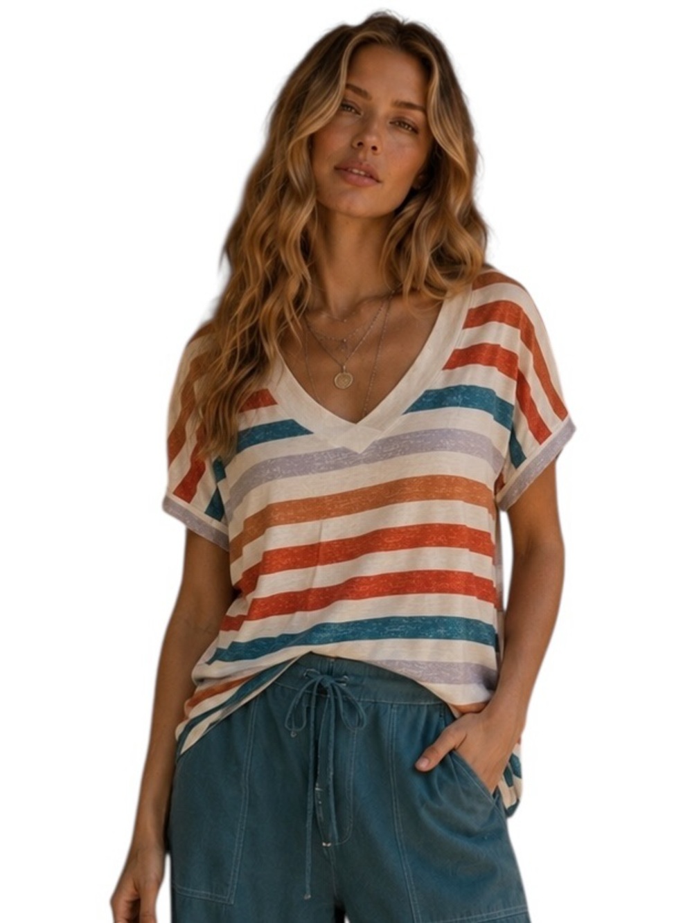 WIHOLL Ivory Pumpkin Teal Stripe Sweetheart Neckline Short Sleeve Top